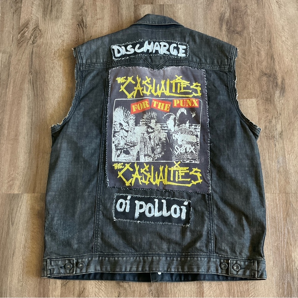 Punk Battle Jean Vest Metal Studs Crust Rock Vintage Band Shirt Patches Homemade